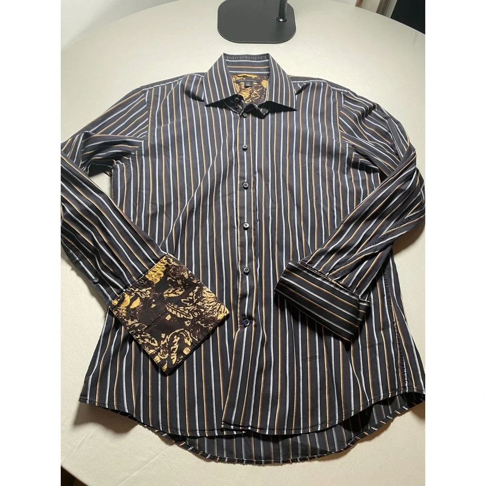 Banana Republic Mens Striped Button Down Shirt L Floral Contrast Cuff 324756-00